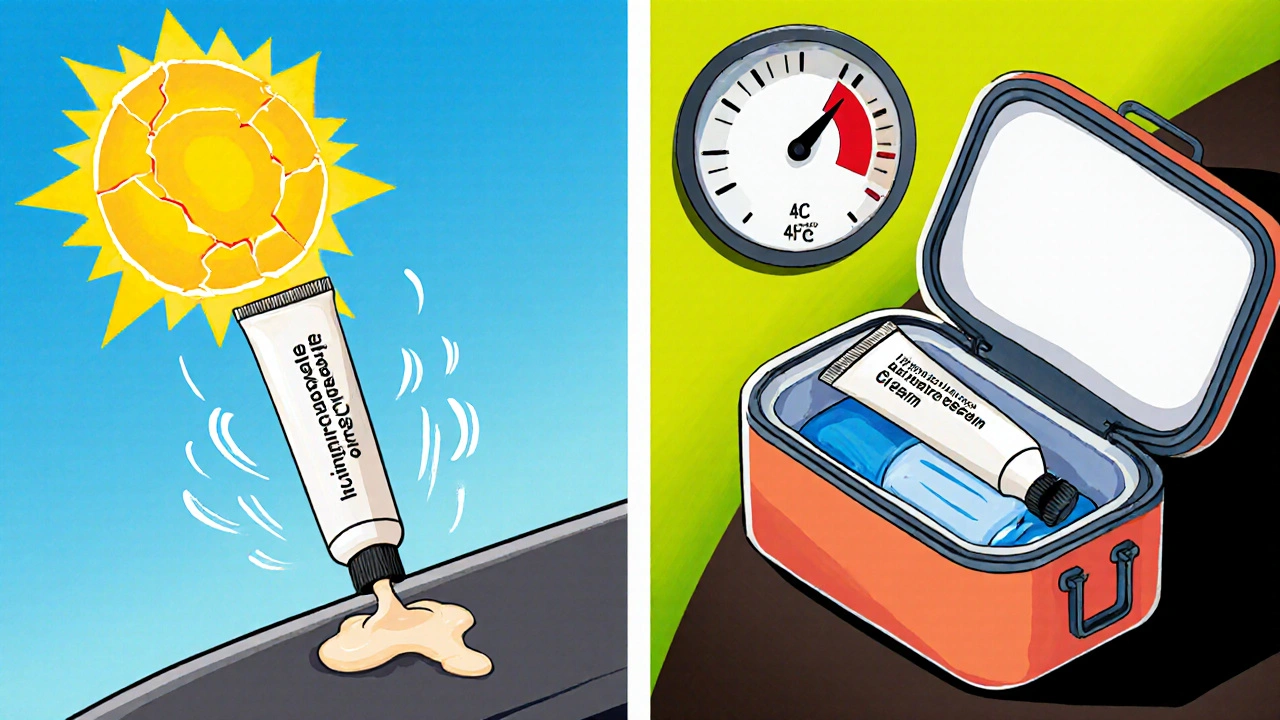 A melted tube of luliconazole cream left on a hot car dashboard under direct sunlight.