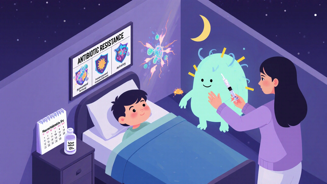 A parent gives clavulanate to a child at night as vaccine shields fight antibiotic resistance on the bedroom wall.