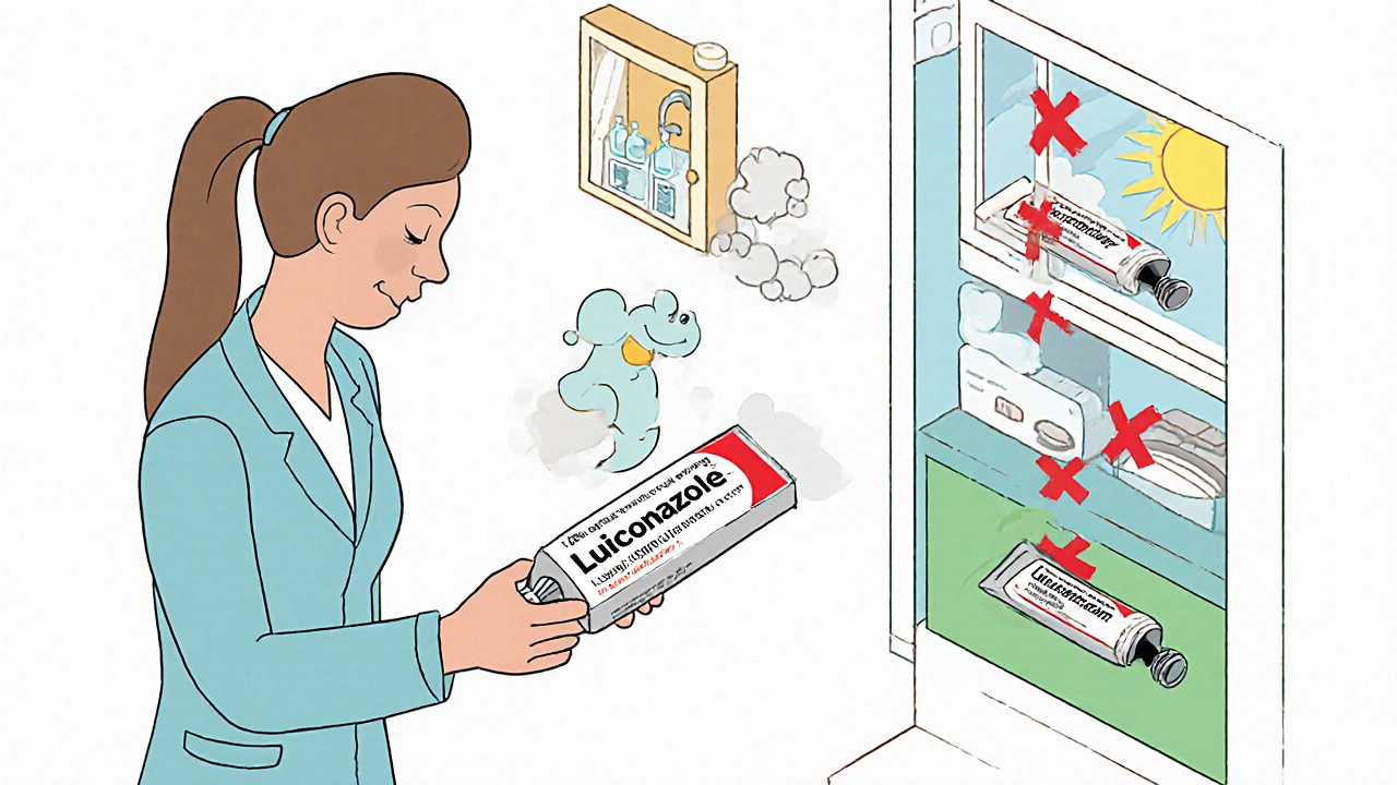 A pharmacist giving a new cream tube to a patient while showing common storage errors.