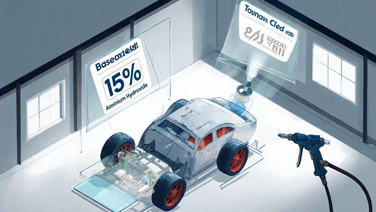 Car painting line using aluminium hydroxide in basecoat and clearcoat for protection.