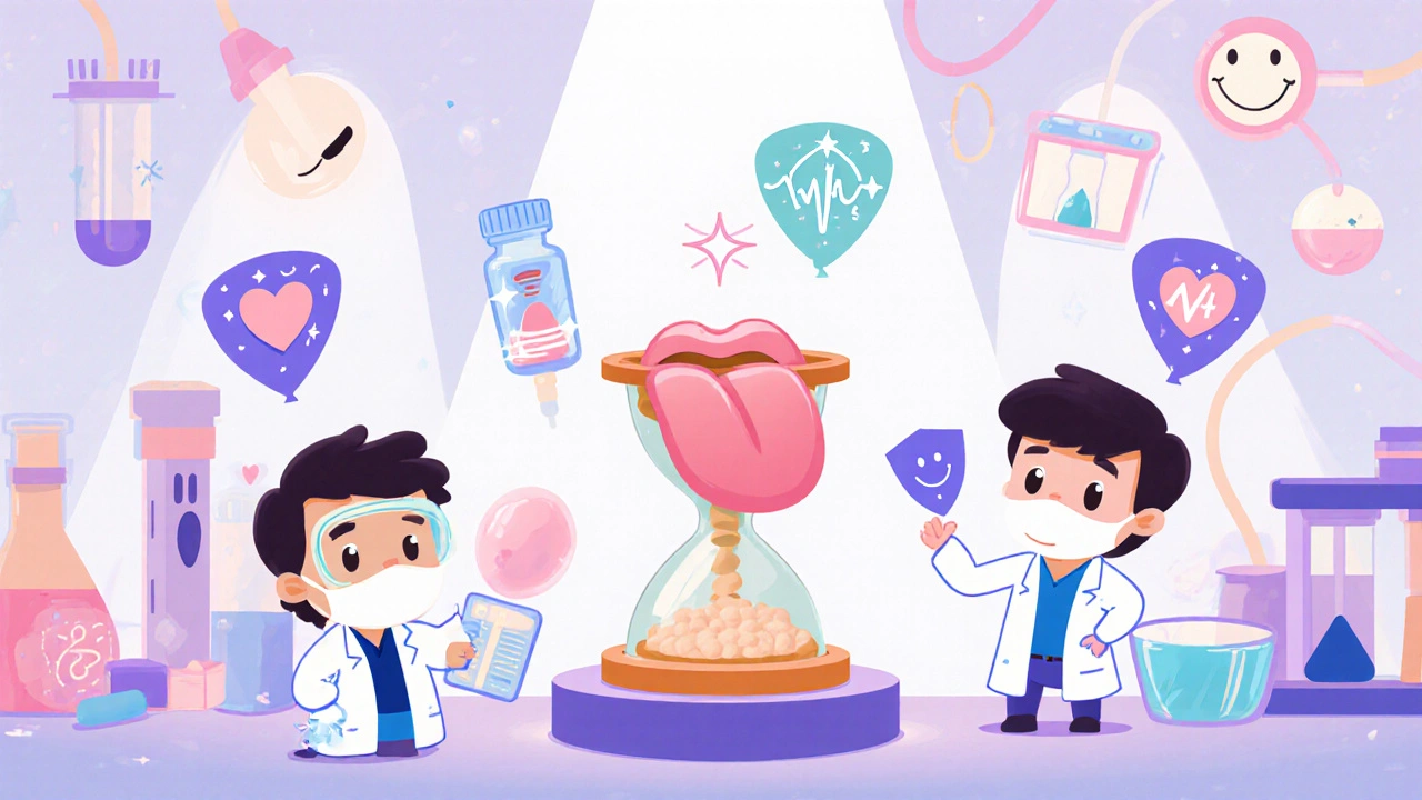 Cartoon lab with IV drip, sub‑lingual tablet, and extended‑release capsule surrounded by safety icons.