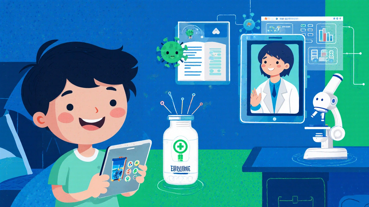 Child using a phone app, smart pill bottle, and video‑call doctor with AI virus analysis.