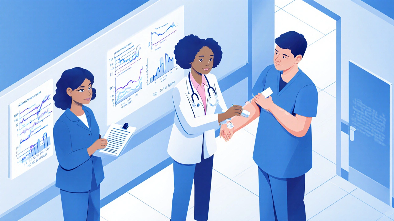 Clinical trial setting with patients applying cream and a doctor reviewing data.