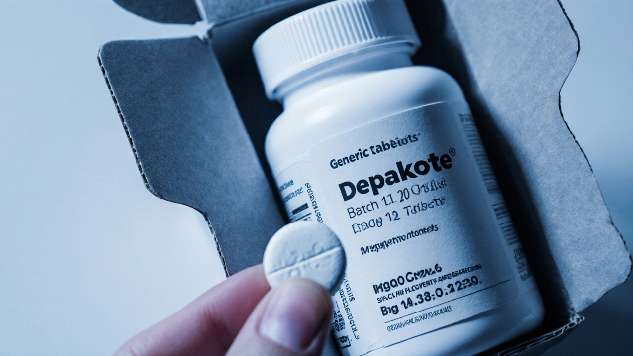 Close-up of generic Depakote bottle and tablet being inspected for imprint and label details.
