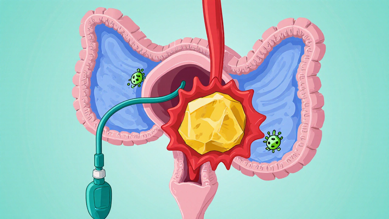 Cutaway torso showing yellow kidney stone stuck in ureter with red spasm ripple.