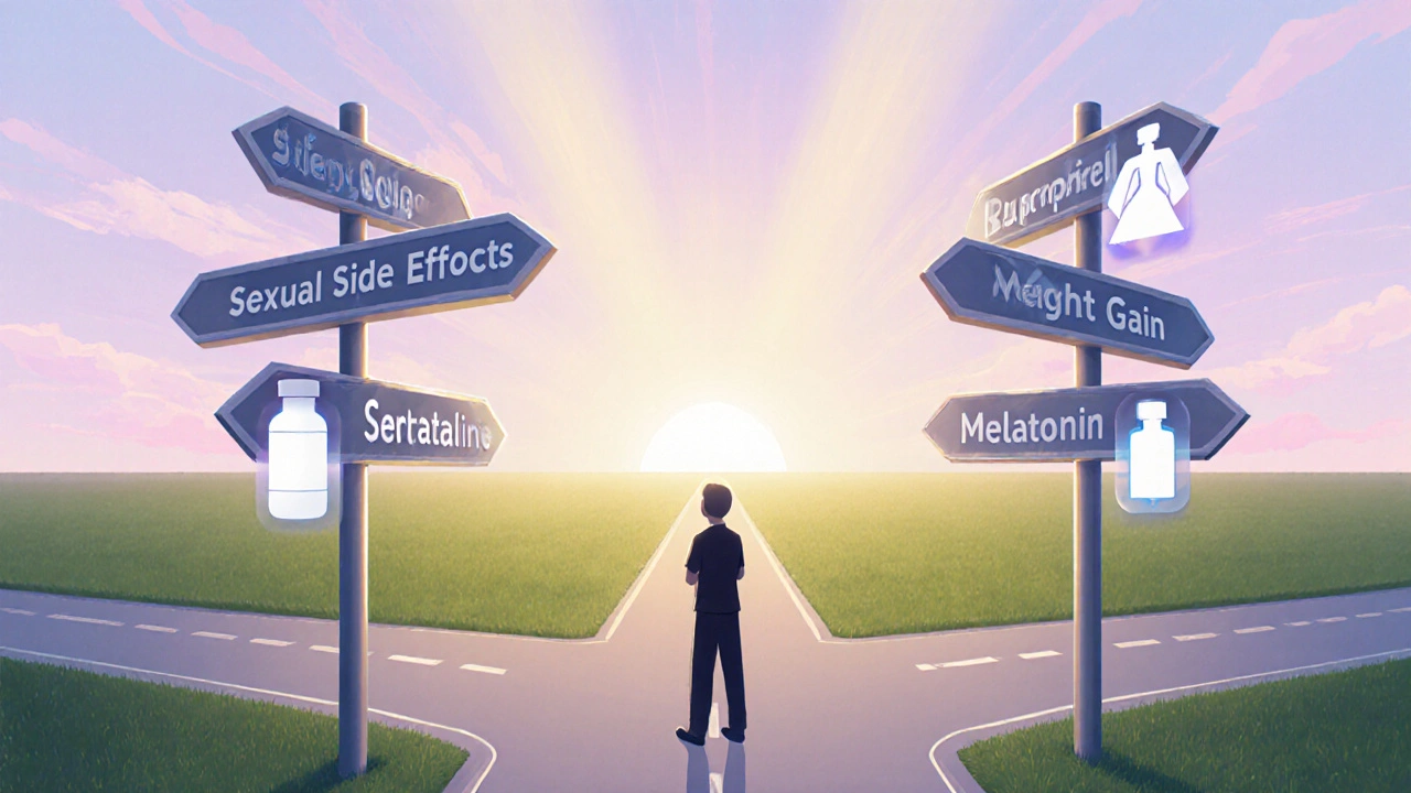 Decision‑tree scene at sunrise with signposts labeled sleep, sexual side effects, weight gain, cost and medication icons.