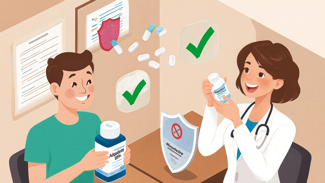 Dermatologist&#039;s office scene showing non-antibiotic acne treatments replacing antibiotics in isometric view.