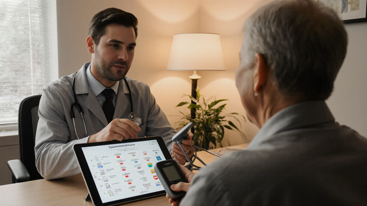 Doctor discussing medication options with patient holding a blood pressure monitor.