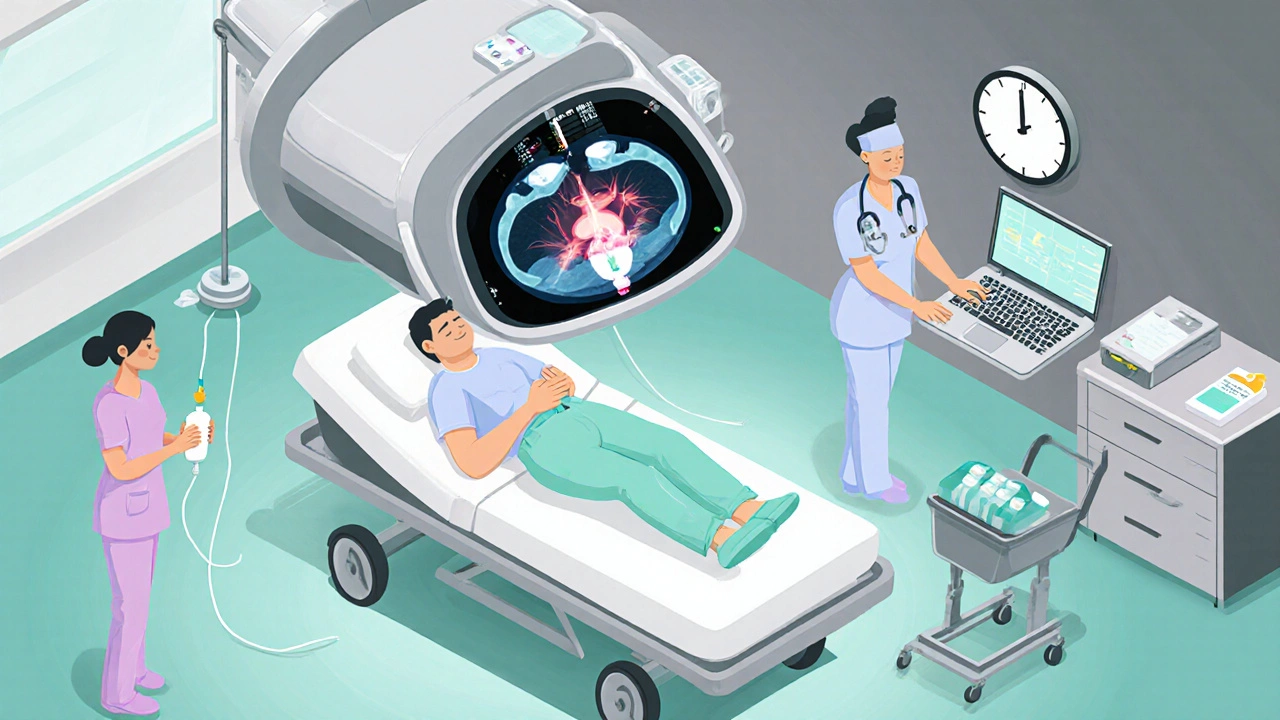Emergency room scene with patient on gurney, staff, IV drip, and CT scanner.