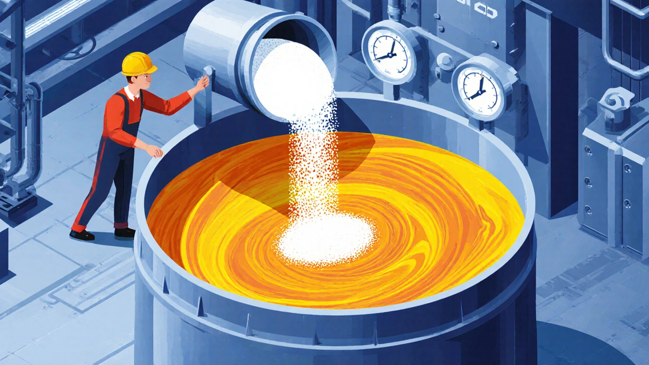 Factory paint tank mixing aluminium hydroxide into orange paint, showing particle network.