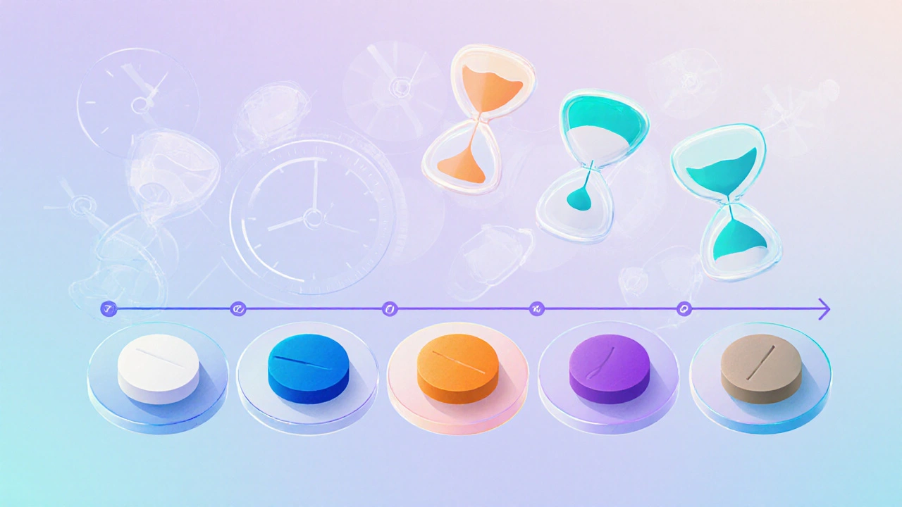 Flat‑lay of five different ED pills with hourglass and clock elements indicating timing.