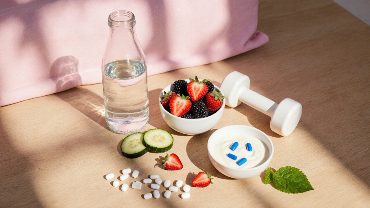 Flat lay of water, healthy foods, and medication representing gout management.