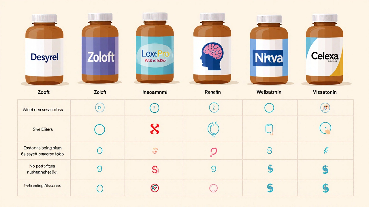 Flat pastel illustration showing eight drug bottles with icons for uses, side effects, dose, onset, and cost.