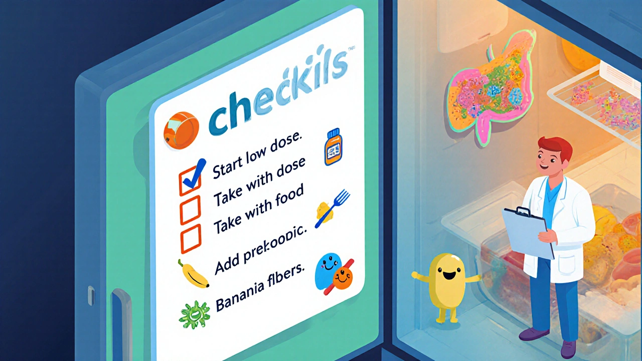 Fridge checklist with health tips and a smiling gut surrounded by balanced microbes.