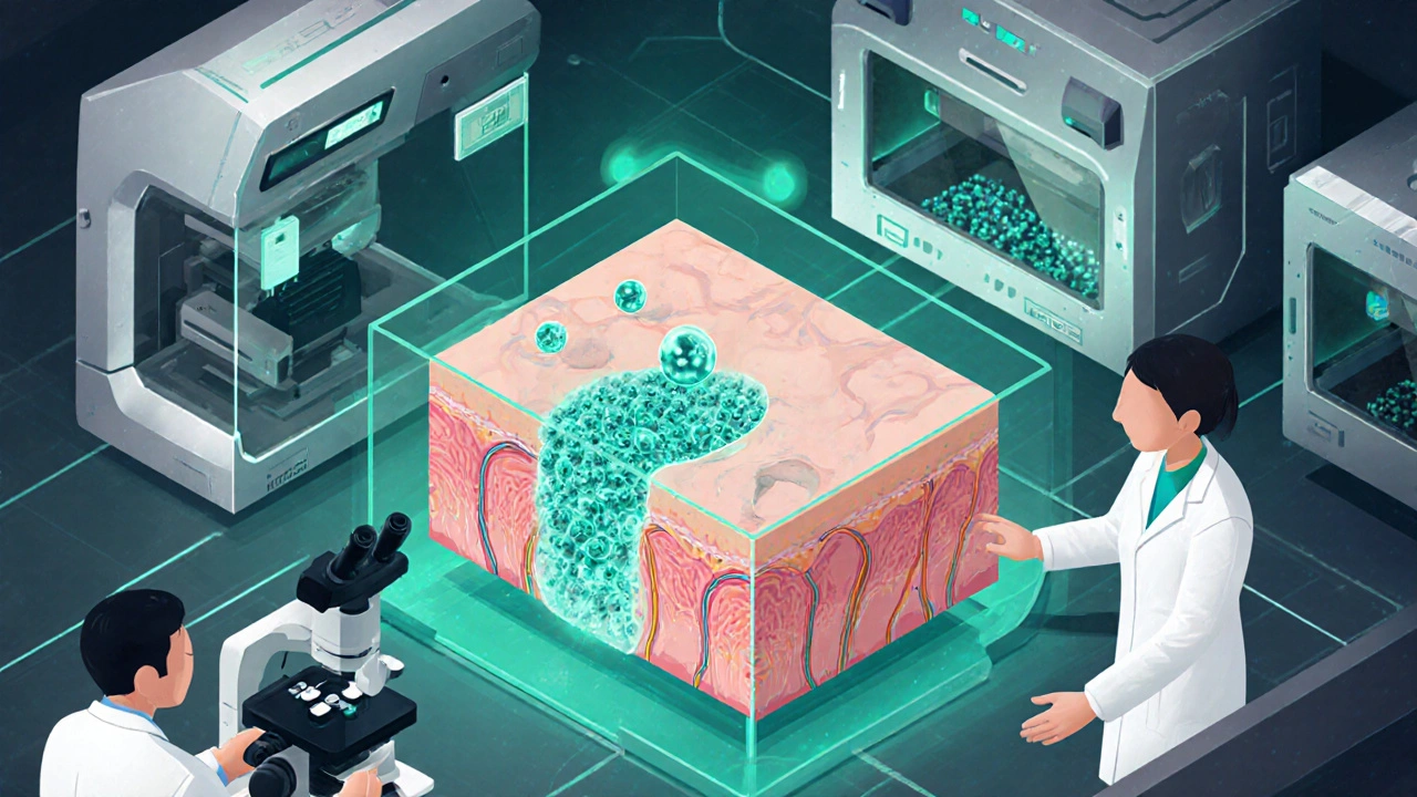 Futuristic lab showing nanogel particles entering a skin model under bright lights.