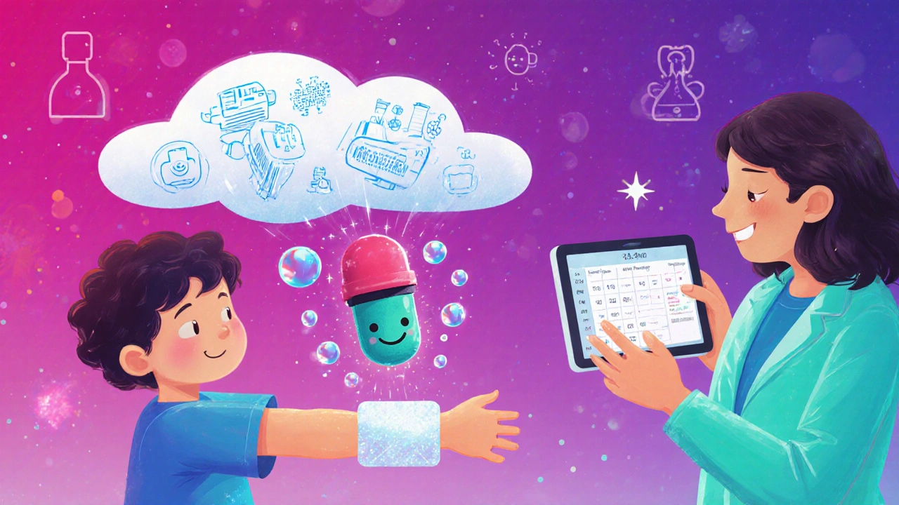Futuristic scene of a nano‑robot delivering Indinavir via a wearable patch and data cloud.