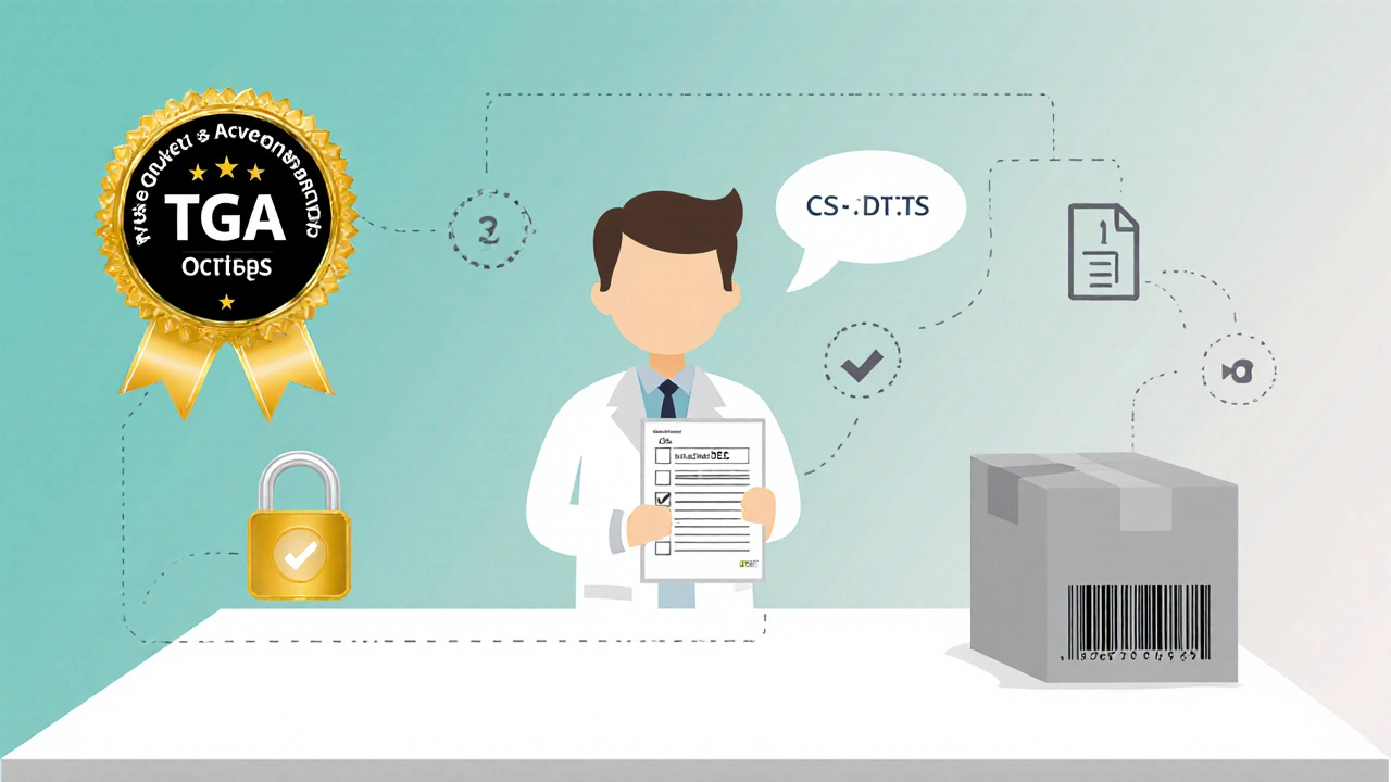 Illustrated checklist showing TGA seal, lock icon, pharmacist, and tracked shipping box on a desk.