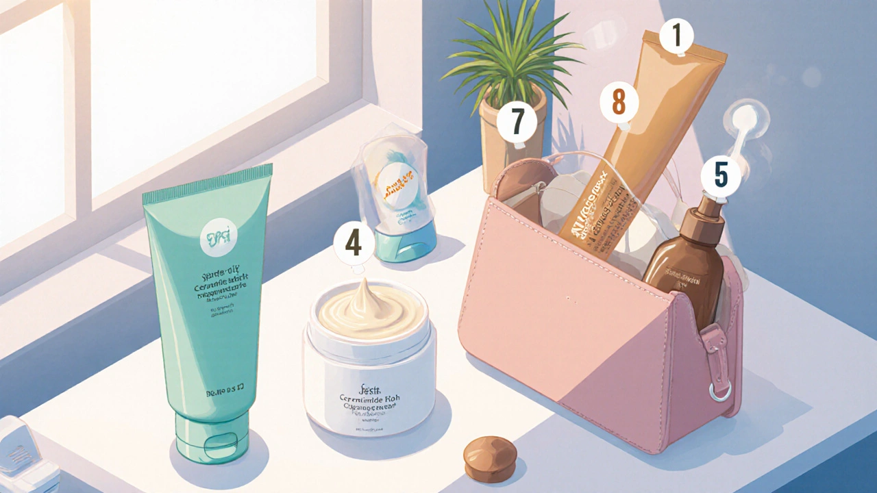 Isometric bathroom scene showing cleanser, ceramide moisturizer, mineral sunscreen, and travel‑size bottle.