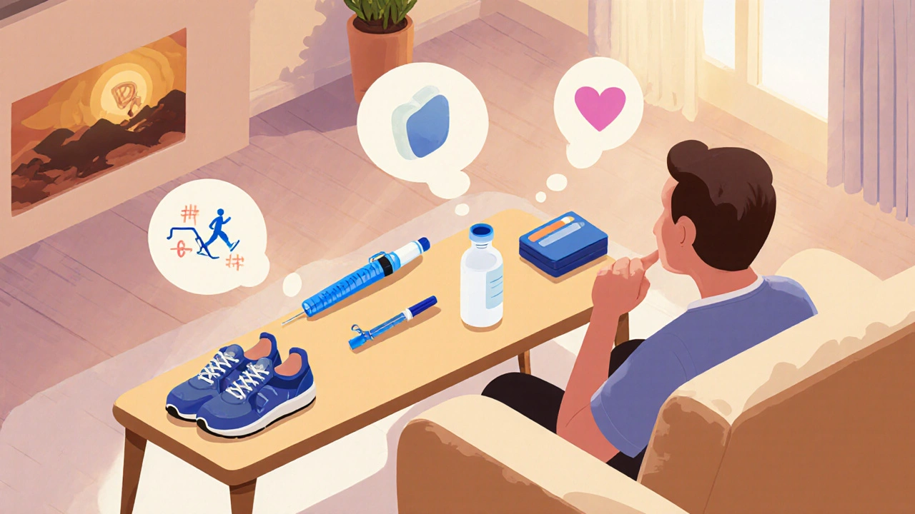 Isometric cartoon of a person choosing between an injection pen and a pill bottle at home.