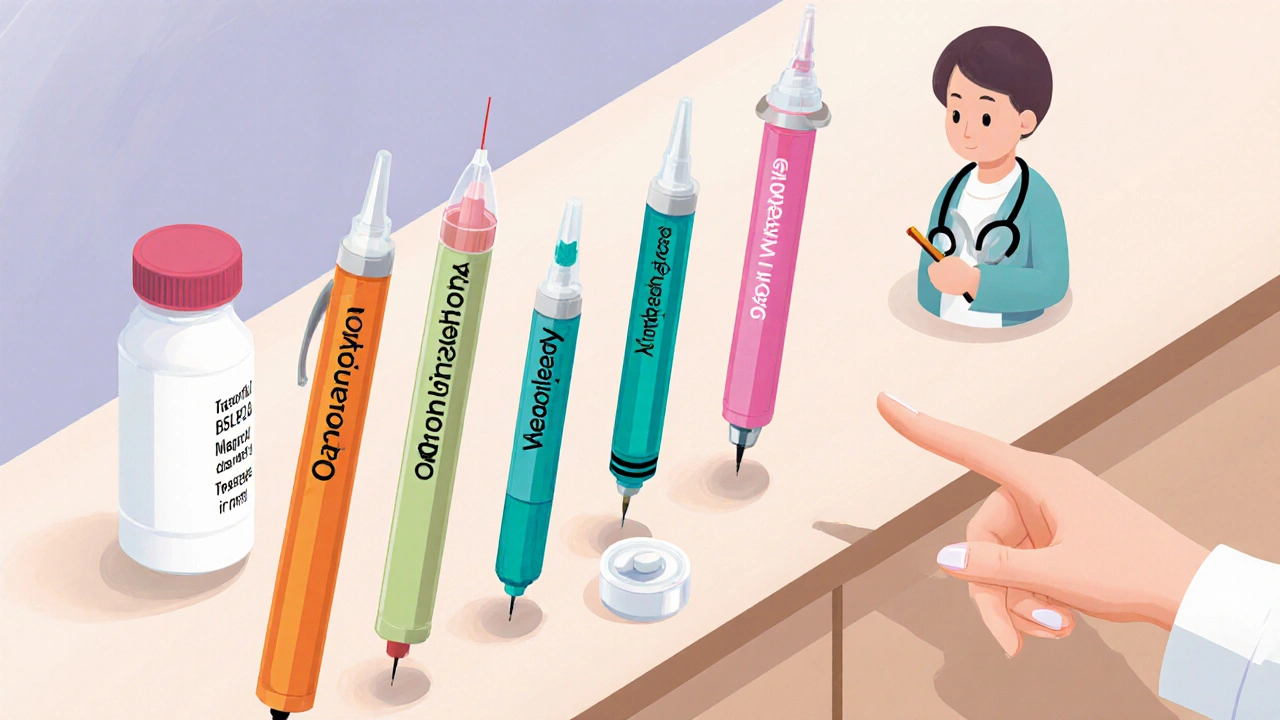 Isometric cartoon of various GLP‑1 injection pens and a tablet bottle displayed on a tabletop.