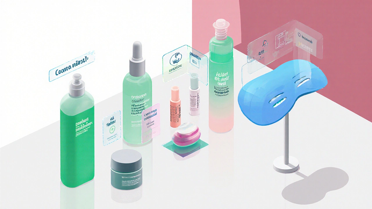 Isometric countertop displaying a step‑by‑step acne routine with cleanser, toner, serums, moisturizer, sunscreen, and LED mask.