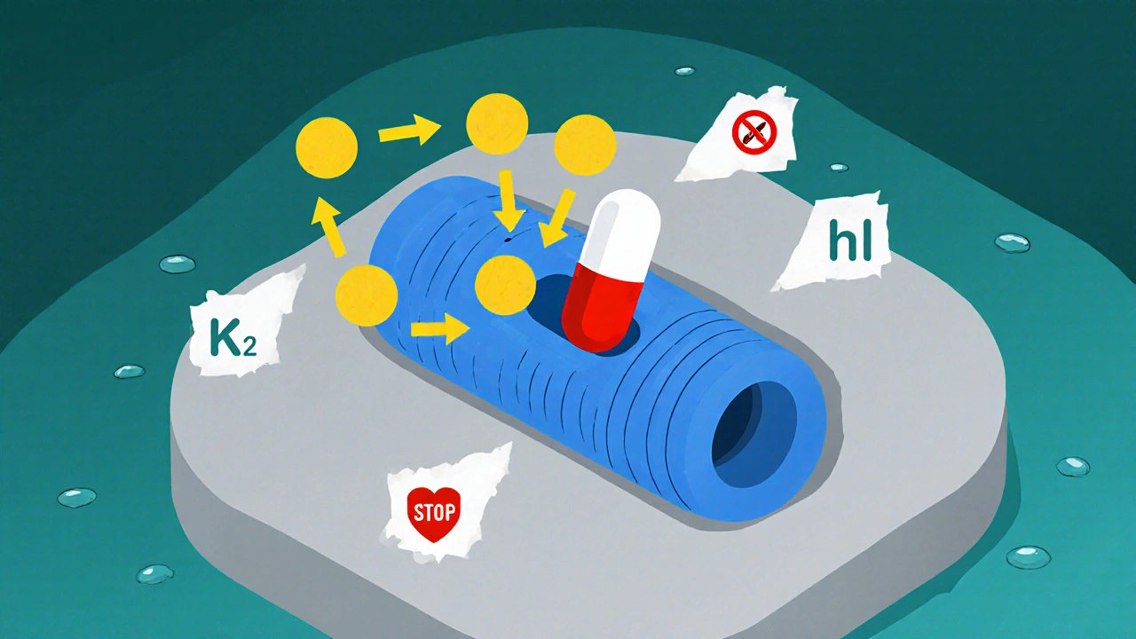 Isometric diagram of hERG channel blocked by hydroxyzine molecules, stopping potassium flow.