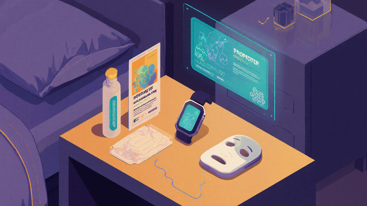 Isometric futuristic lab and bedroom showing biodegradable patches, probiotic cream, wearable AI, and LED mask.