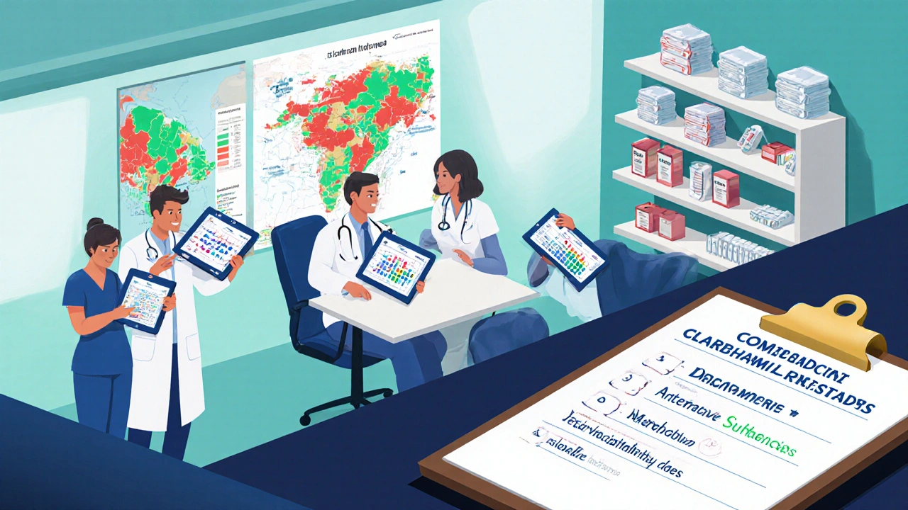 Isometric hospital meeting with doctors reviewing resistance maps and combination therapy options.