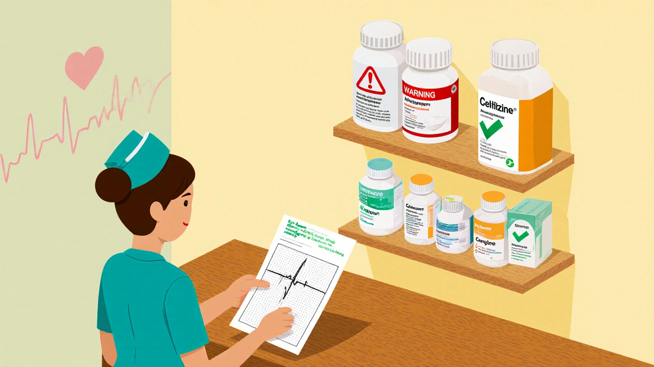 Isometric pharmacy scene showing hydroxyzine warning, safer second‑generation antihistamines, and nurse with ECG report.