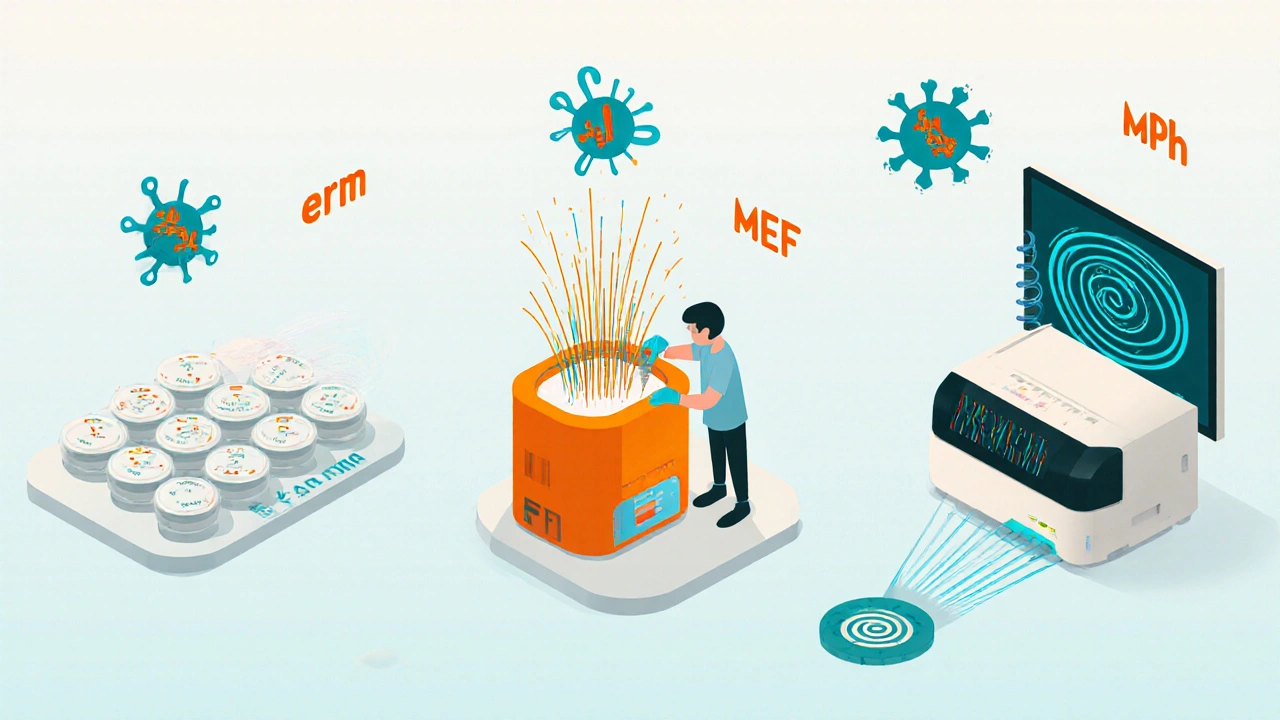 Isometric view of culture plates, PCR machine, and sequencer illustrating resistance testing methods.