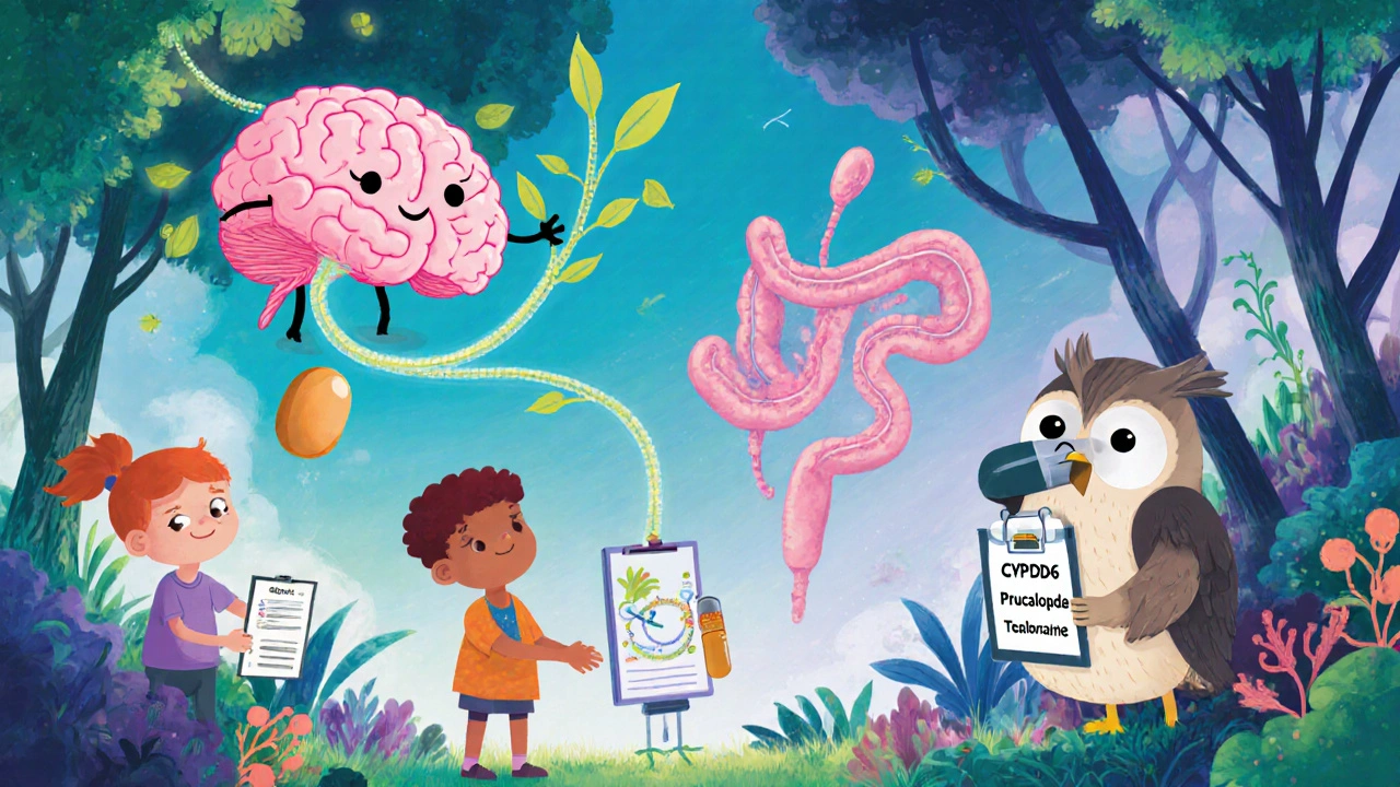Kids explore brain‑gut connection with metoclopramide and prucalopride together in a hopeful scene.