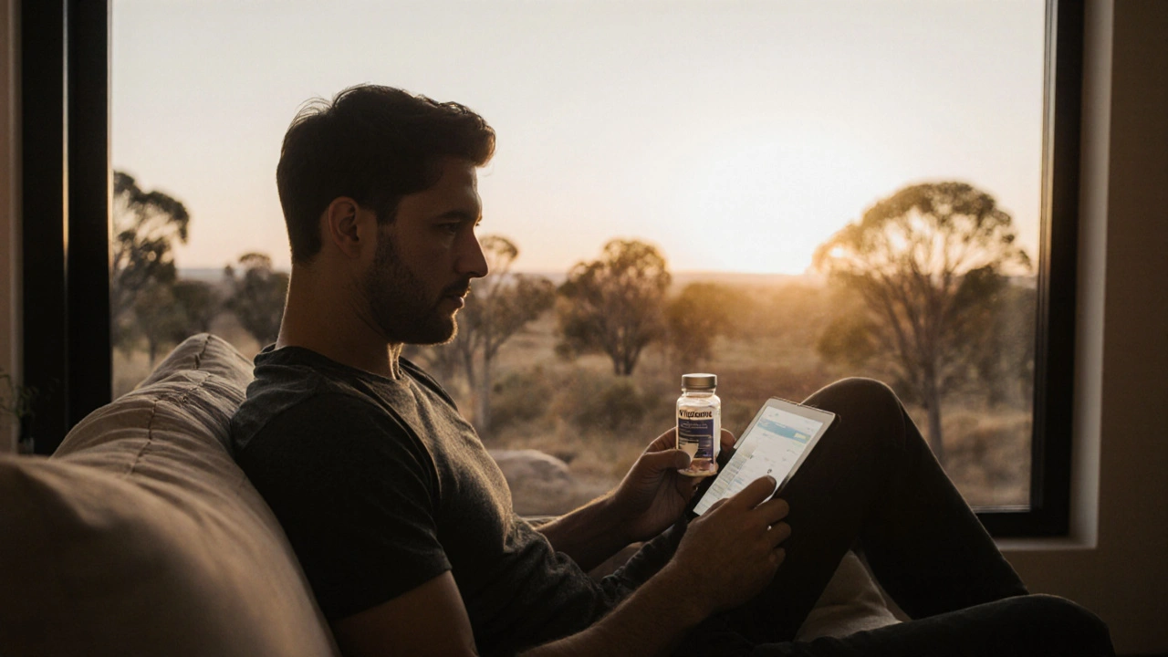 Man on a sofa holding Nizagara bottle, looking at tablet, with outback sunset visible through window.