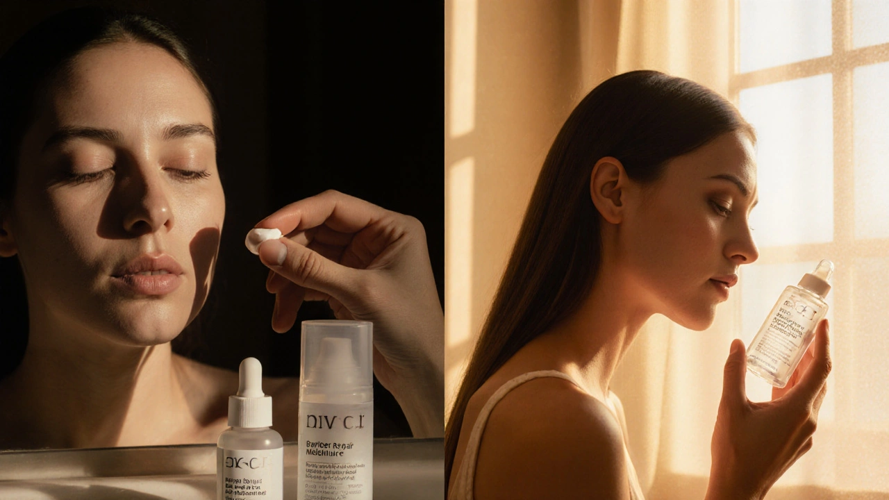 Nighttime retinoid application followed by morning sunscreen under sunny light.