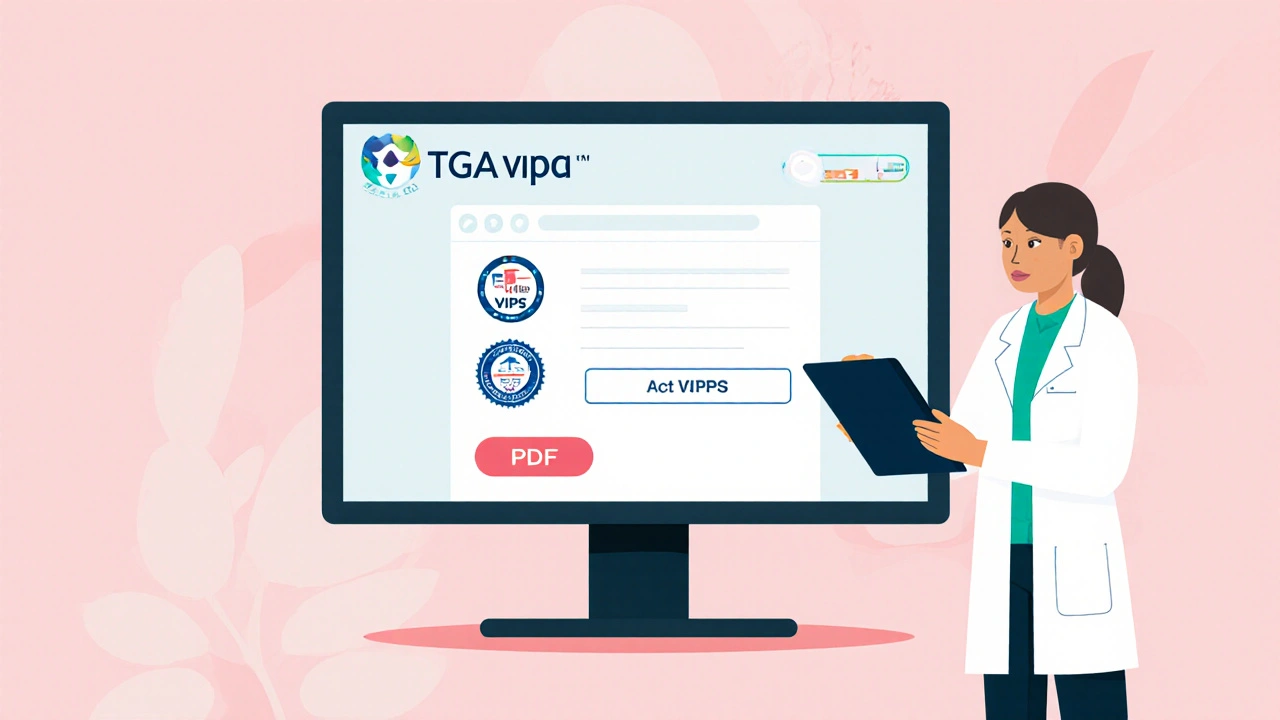 Online pharmacy verification page showing TGA and VIPPS seals with pharmacist reviewing prescription.
