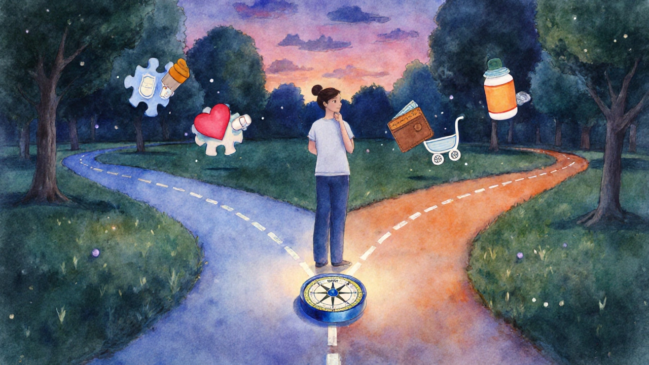 Patient at a twilight crossroads with floating puzzle-piece pills representing treatment choices.