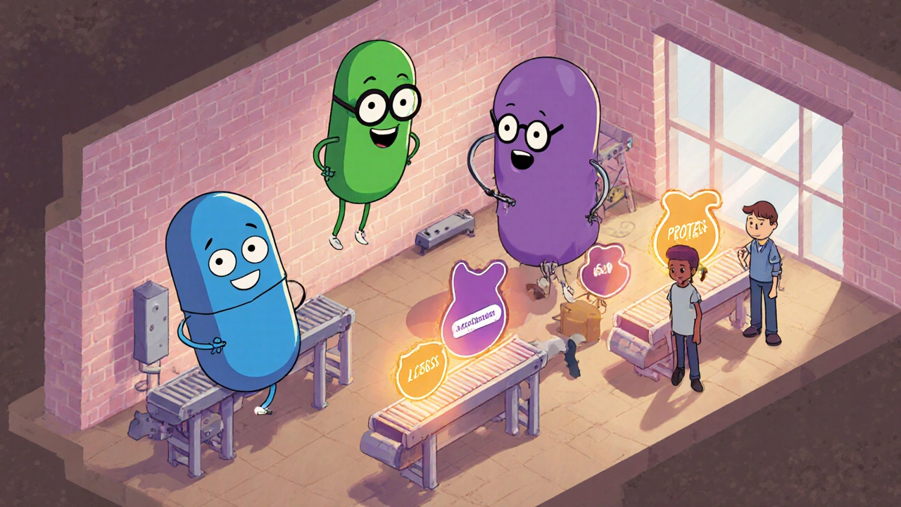 Probiotic characters delivering glowing enzyme icons to gut cells in a factory scene.