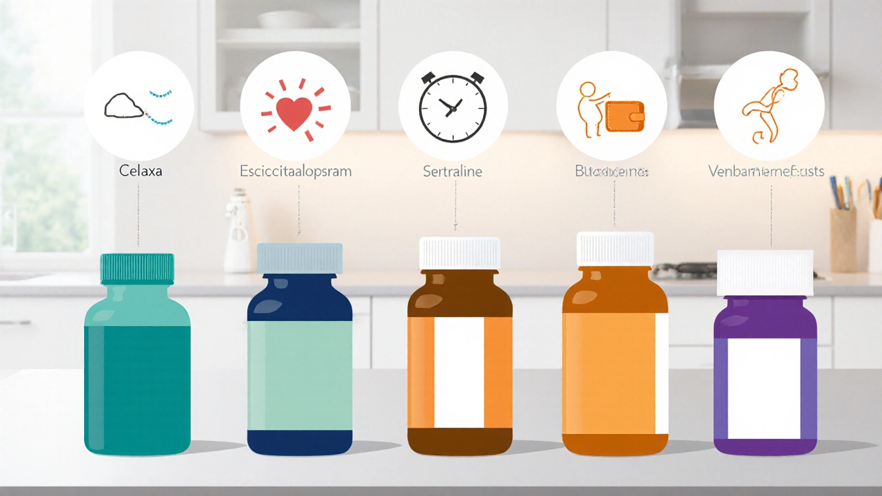 Row of six different antidepressant bottles with icons for half-life, side effects, pregnancy, and cost.