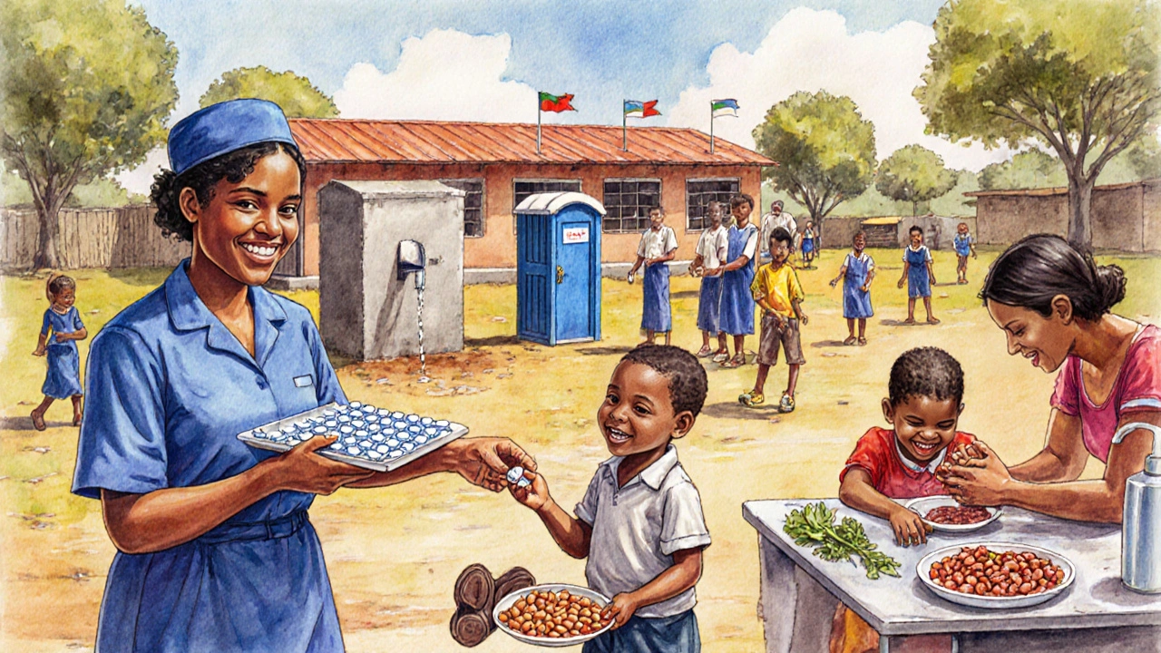 School health outreach with deworming tablet distribution, latrine construction, and iron‑rich foods.