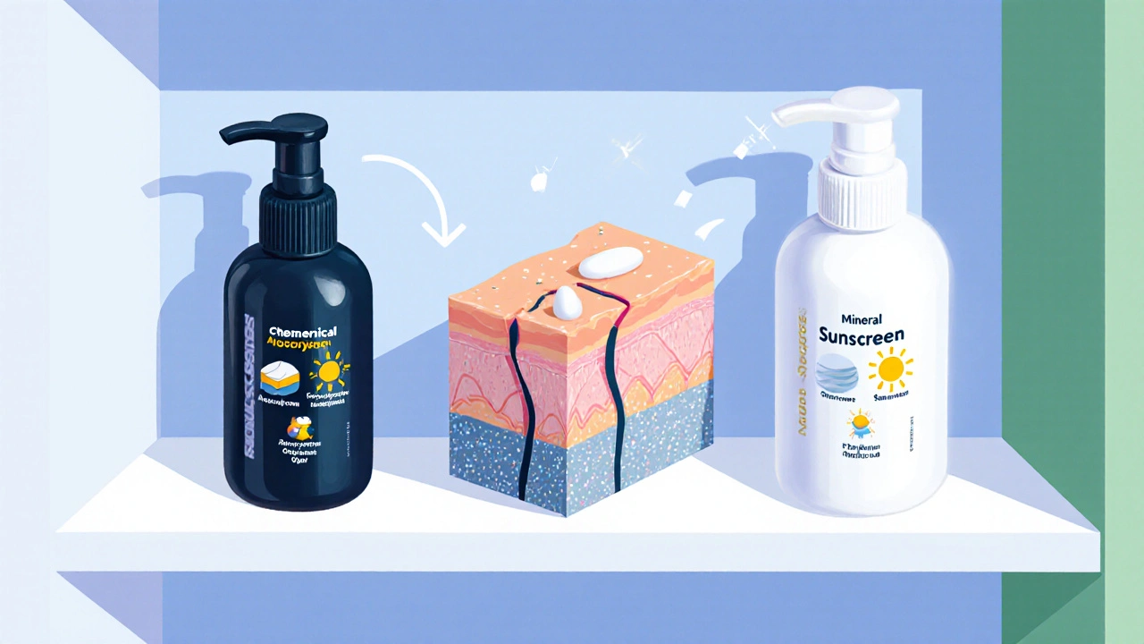 Side‑by‑side display of chemical and mineral sunscreen bottles with skin barrier diagrams.