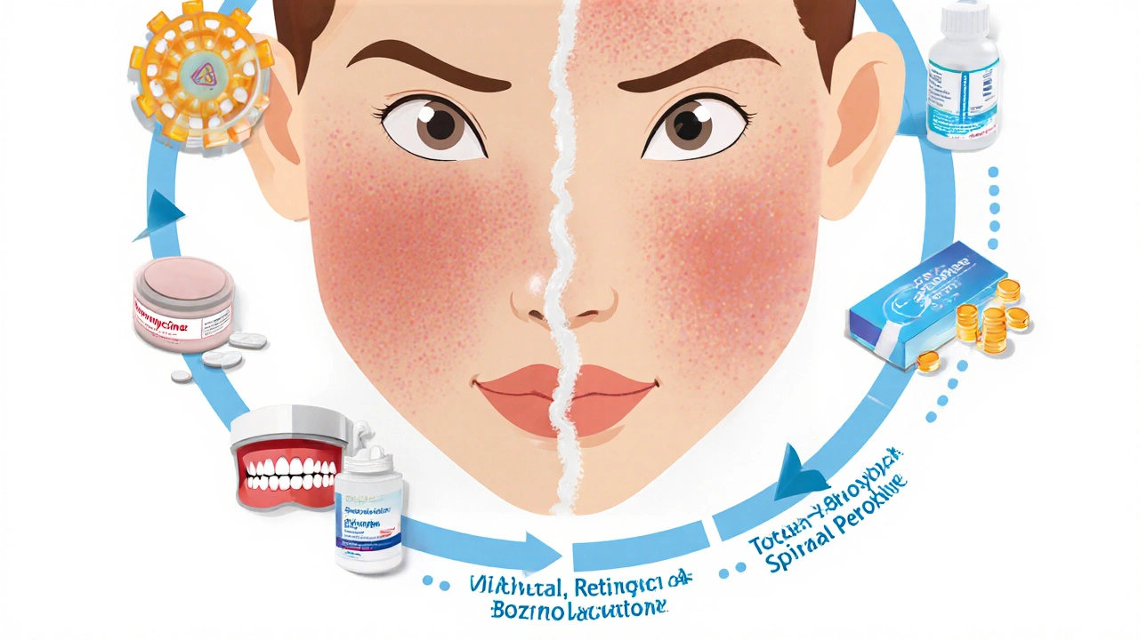 Split-face illustration showing acne treatment outcomes with antibiotics versus topical alternatives.