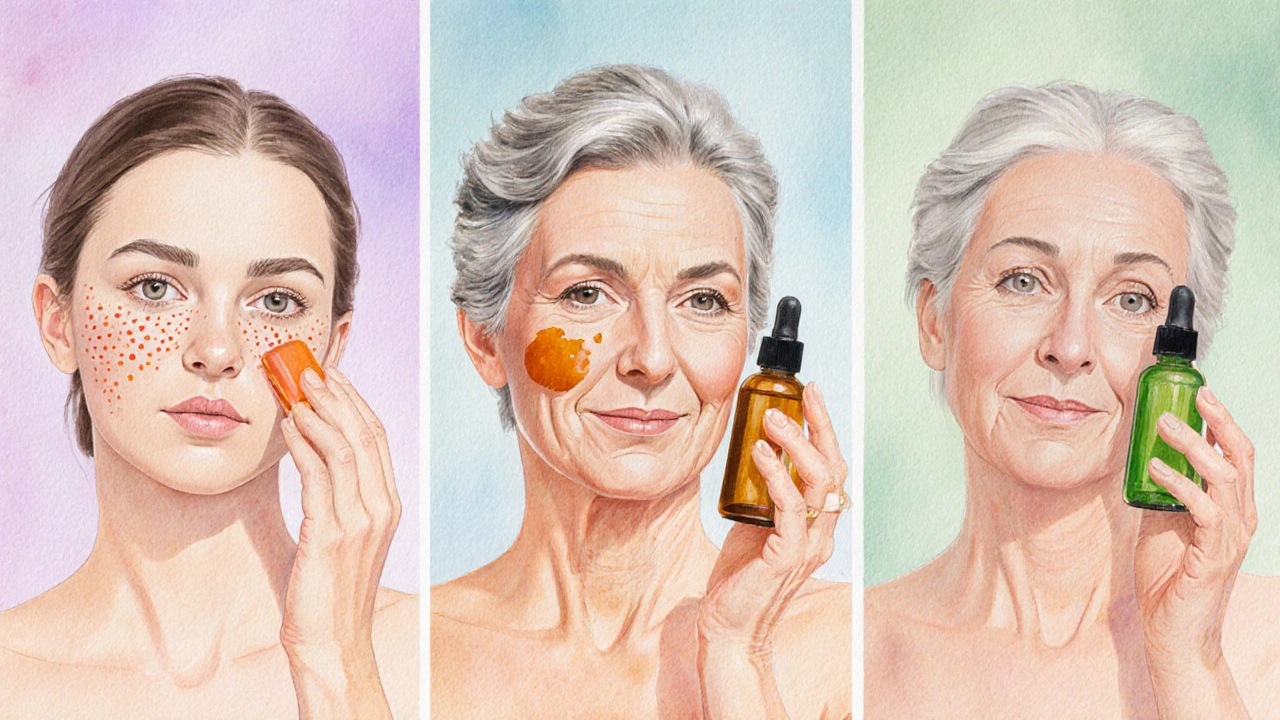 Split scene showing acne skin with adapalene gel and mature skin with retinol and bakuchiol serums.