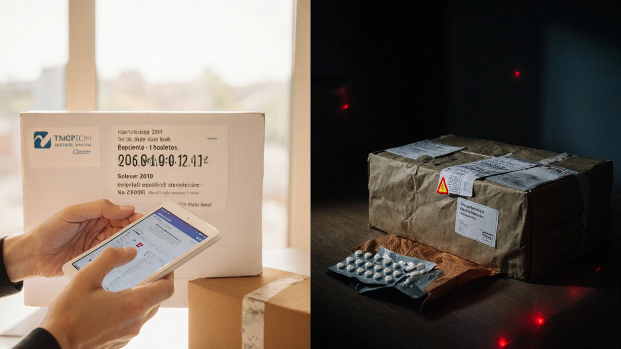 Split‑screen contrast of a well‑labeled medication package versus a suspicious unmarked shipment.