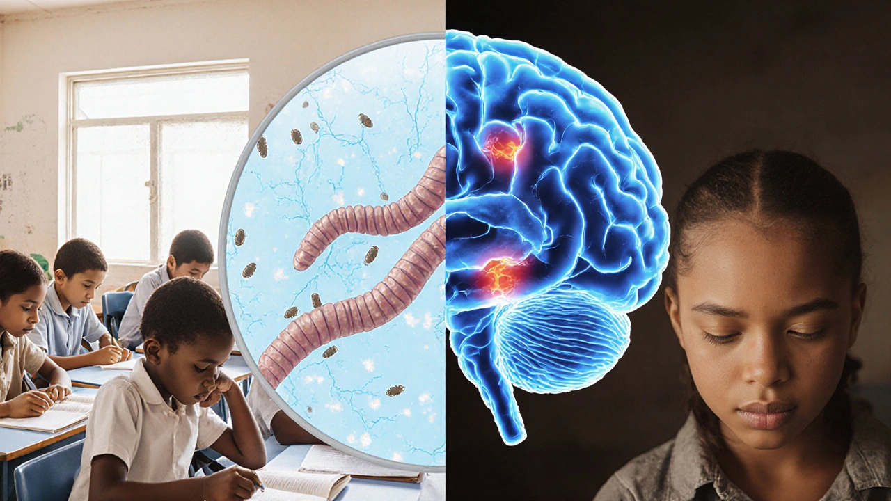 Split view of a classroom showing healthy versus anemic children and brain differences, plus microscope slide of worm eggs.