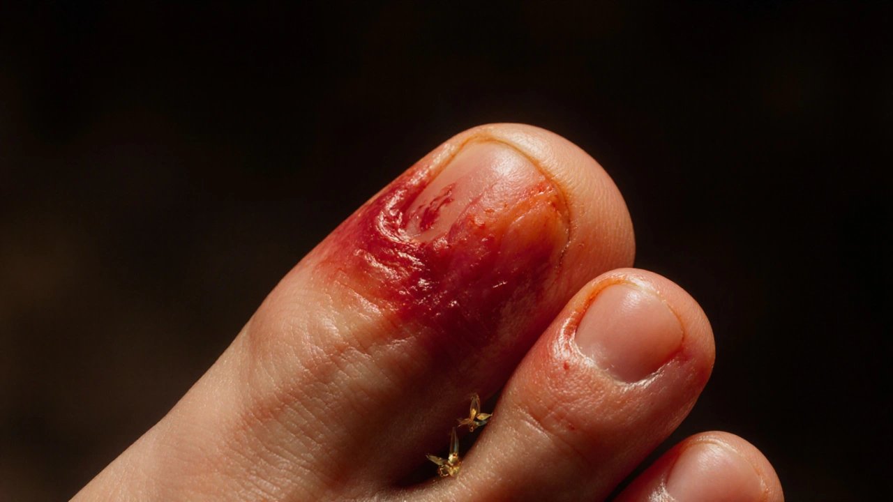 Swollen big toe joint with red inflammation and visible needle‑shaped crystals.