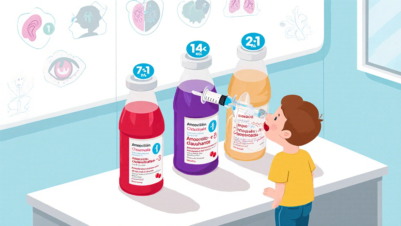 Three flavored amoxicillin-clavulanate bottles with dosage ratios hover above a dosing syringe in a pediatric pharmacy setting.