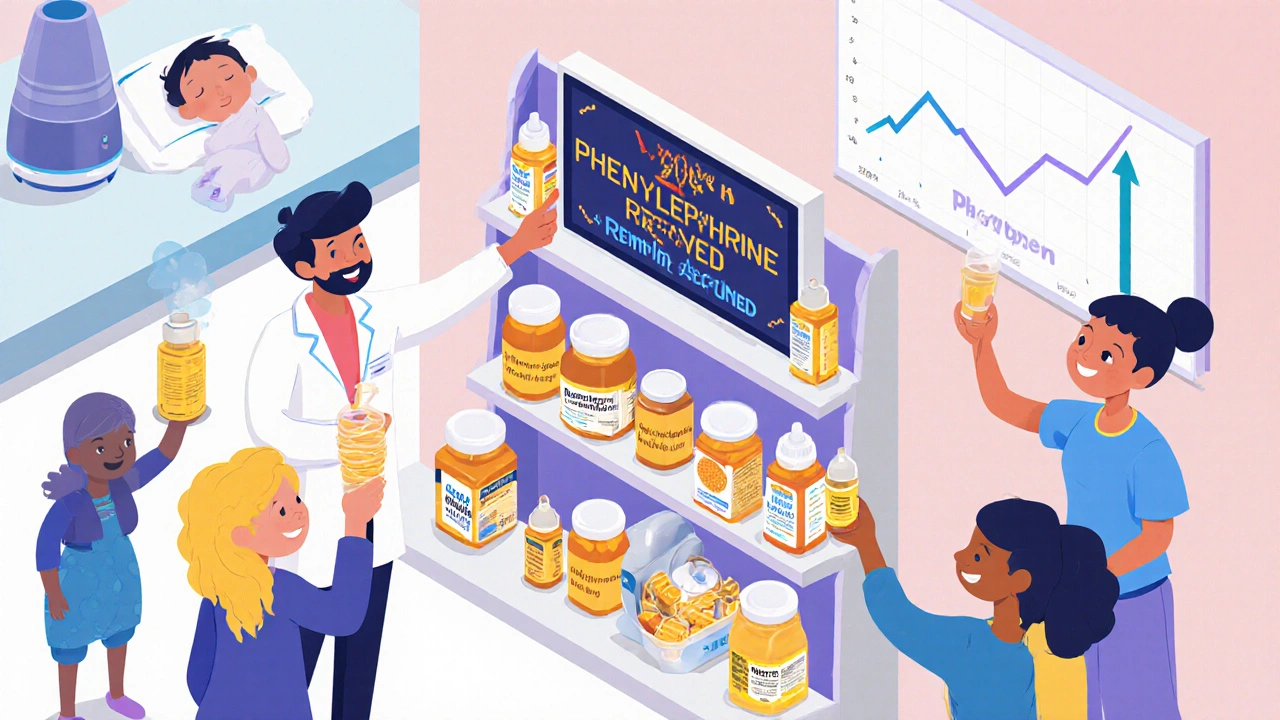 2025 pharmacy shelf with honey syrups and nasal sprays replacing old cold pills, pharmacist pointing to &#039;Phenylephrine Removed&#039; sign.