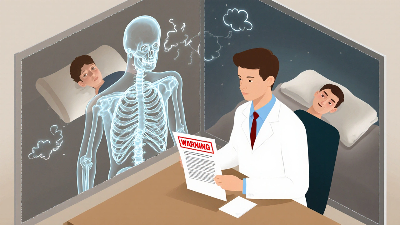 A doctor and patient with a warning leaflet triggering brain activity, illustrating how expectations affect health.