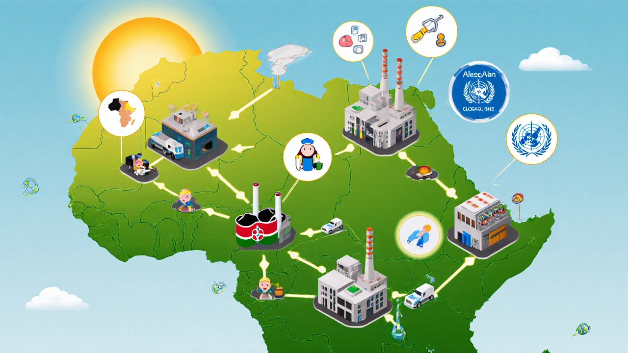 Africa-wide network of local drug factories connected by supply routes.