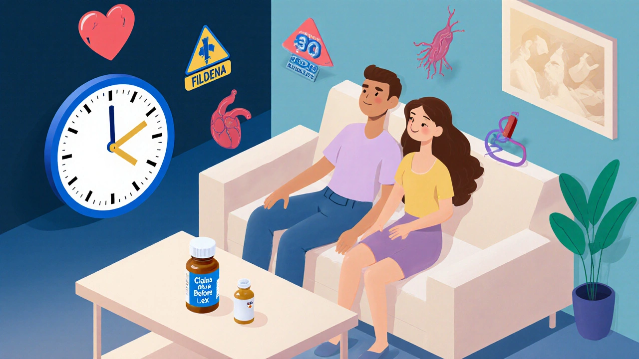 Couple relaxing with Cialis and Fildena pills beside them, showing time difference