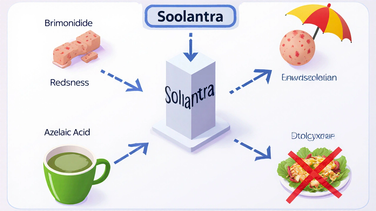 Dermatologist&#039;s treatment plan board showing Soolantra as central with connected therapies and lifestyle tips.